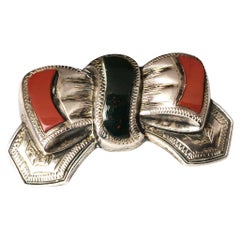Antique Victorian Scottish Agate and Silver Bow Brooch