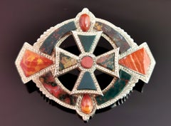 Antique Victorian Scottish Agate and Silver Brooch, Celtic Cross