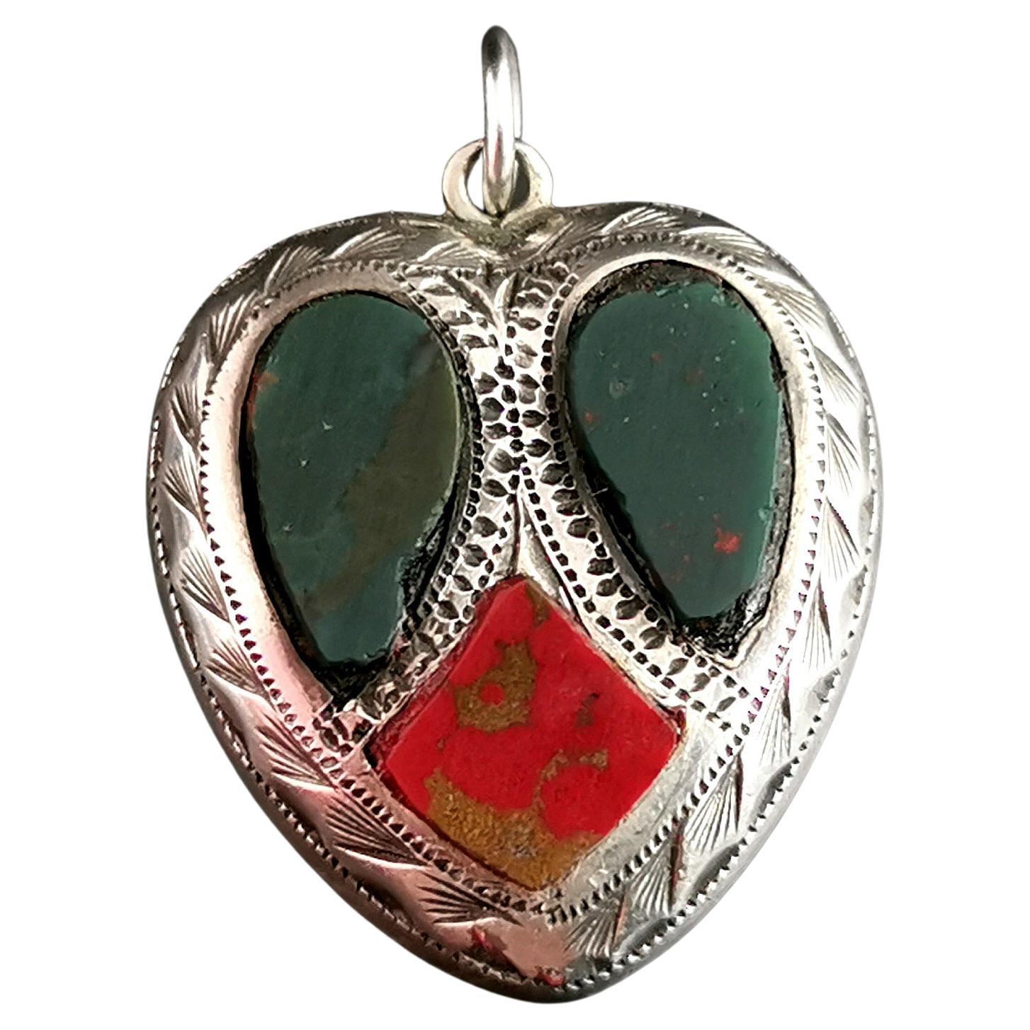 Antique Victorian Scottish Agate and Silver Heart Pendant