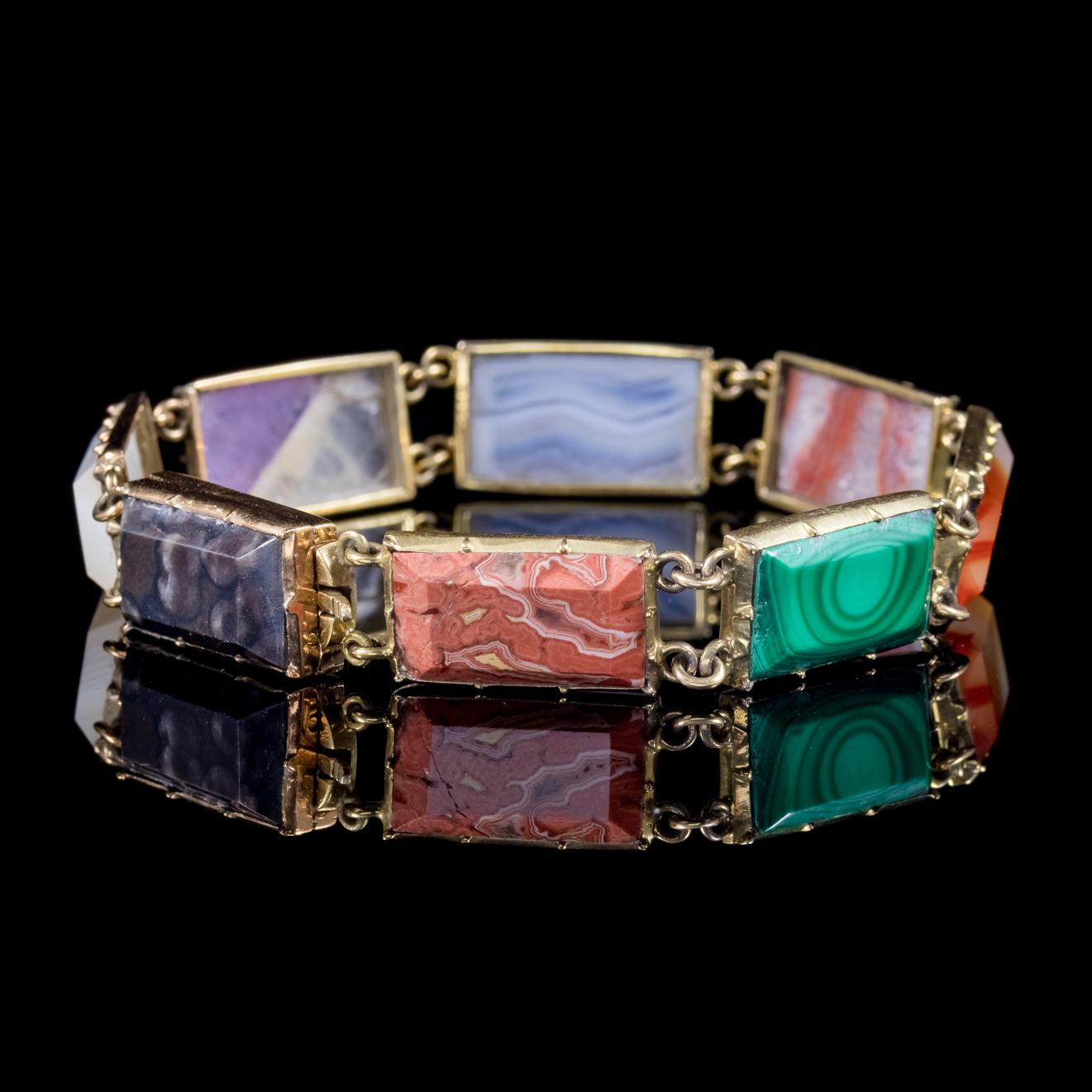 A fabulous antique Victorian Scottish bracelet C. 1880, set with eight beautiful Agates in various colours with unique natural patterns. 

Scottish jewellery was made popular by Queen Victoria as it became a souvenir of her frequent trips to