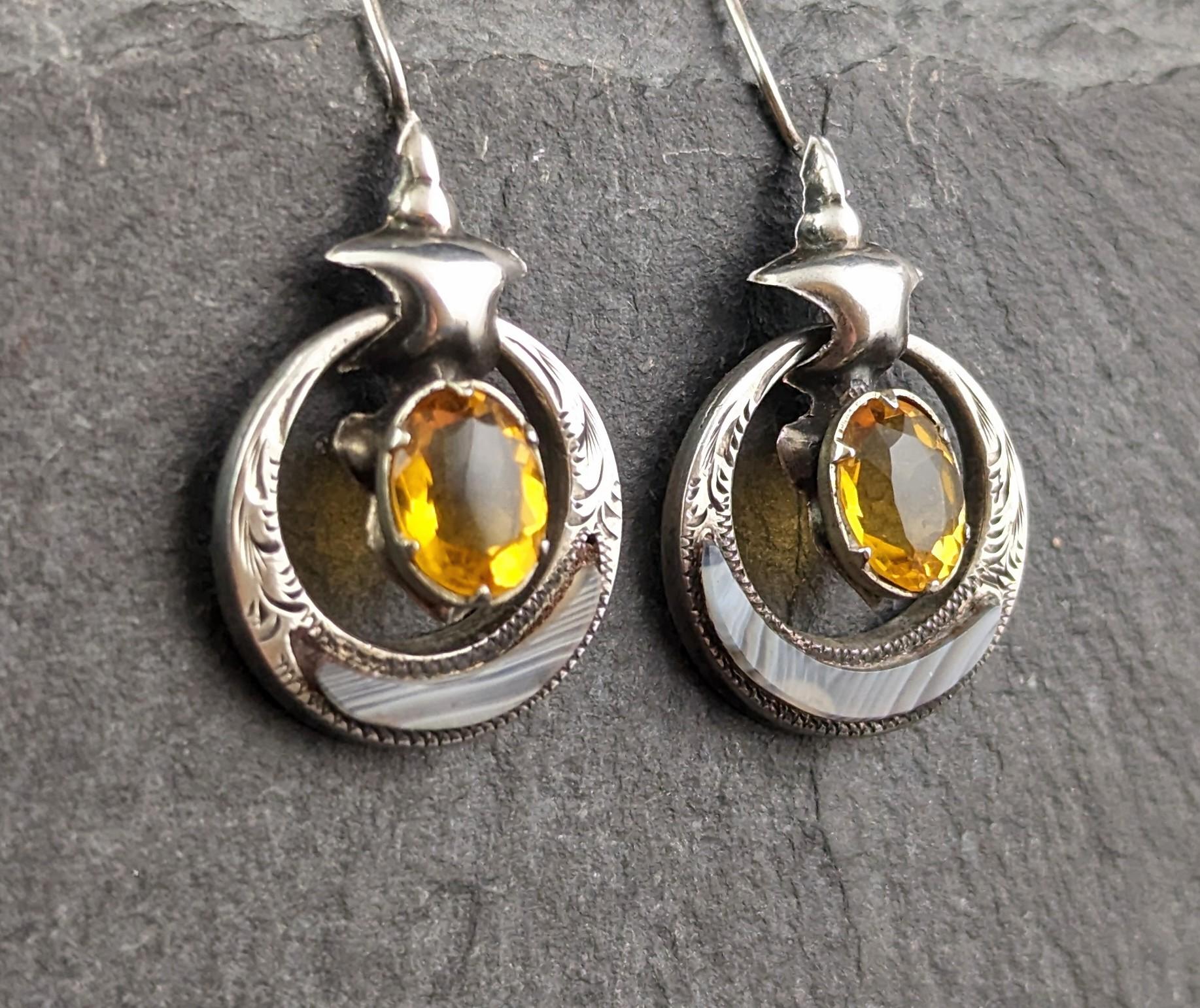 Aesthetic Movement Antique Victorian Scottish agate drop earrings, Sterling silver  For Sale