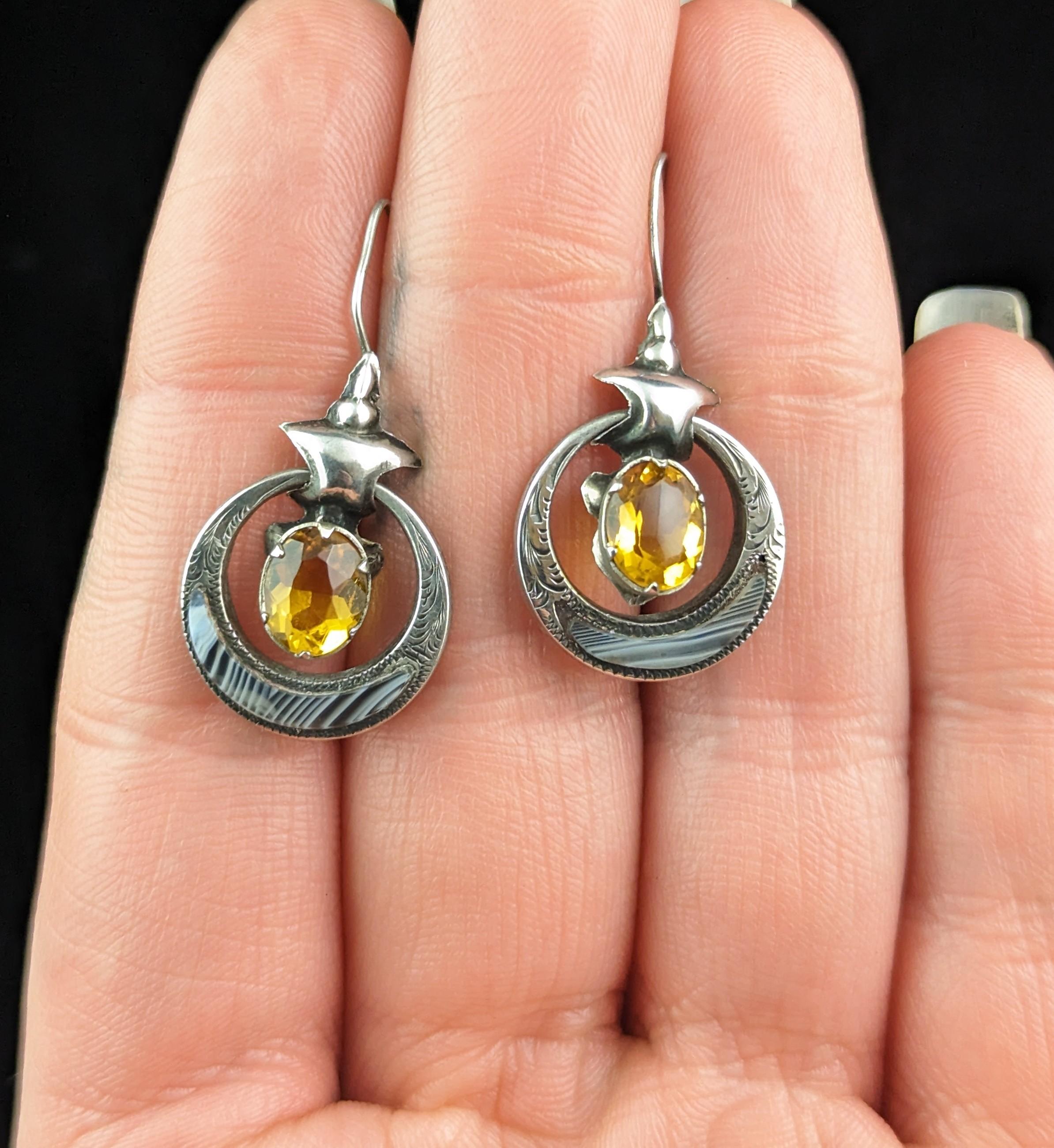 Half Moon Cut Antique Victorian Scottish agate drop earrings, Sterling silver  For Sale