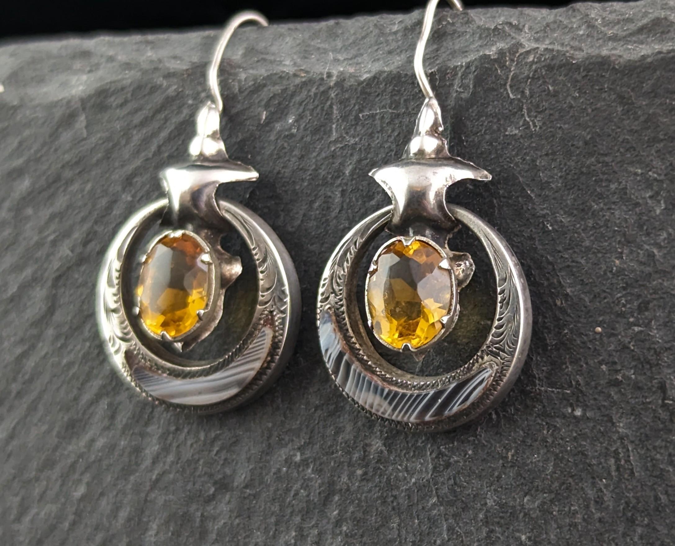 Antique Victorian Scottish agate drop earrings, Sterling silver  In Fair Condition For Sale In NEWARK, GB