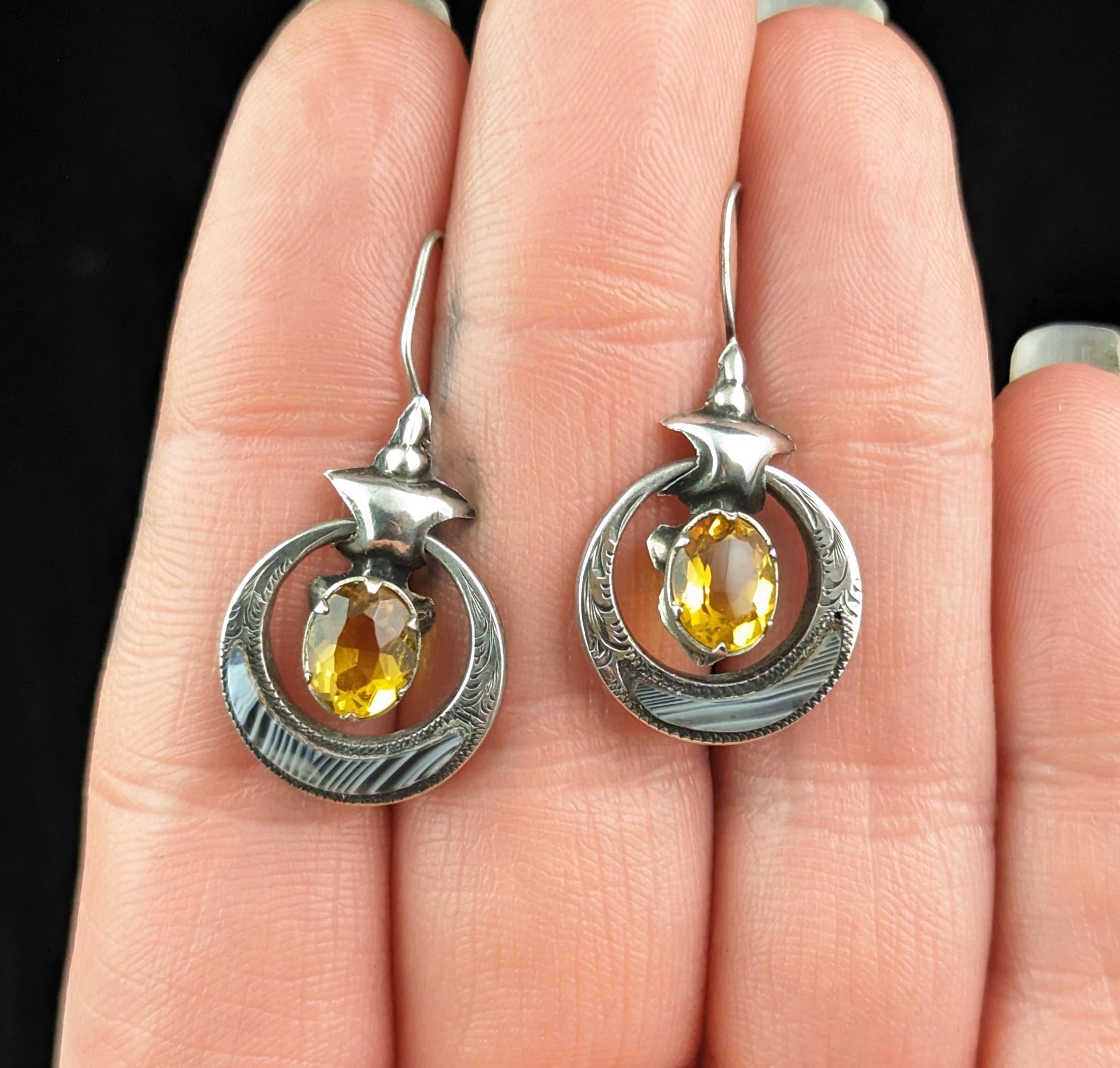 Women's Antique Victorian Scottish agate drop earrings, Sterling silver  For Sale