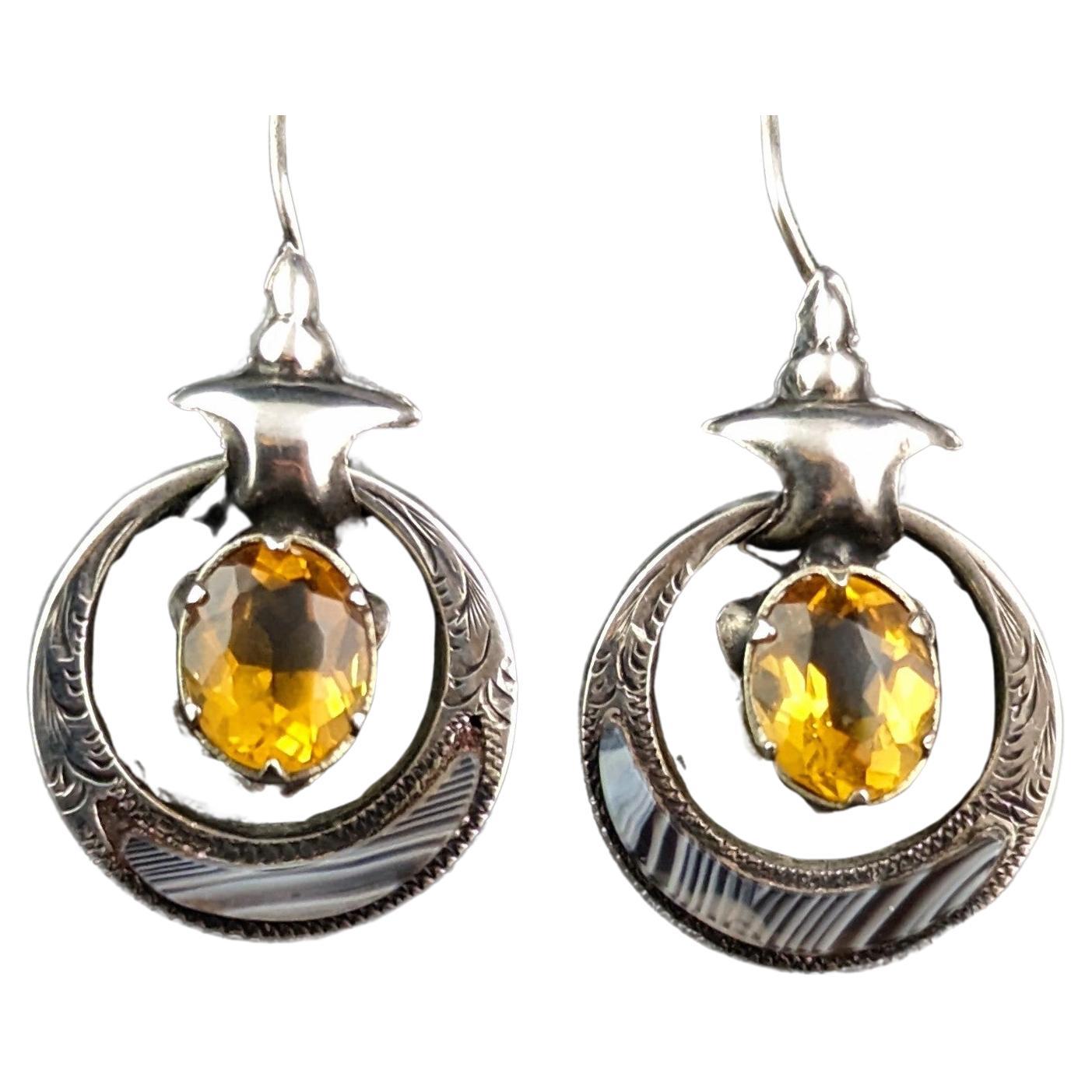 Antique Victorian Scottish agate drop earrings, Sterling silver 