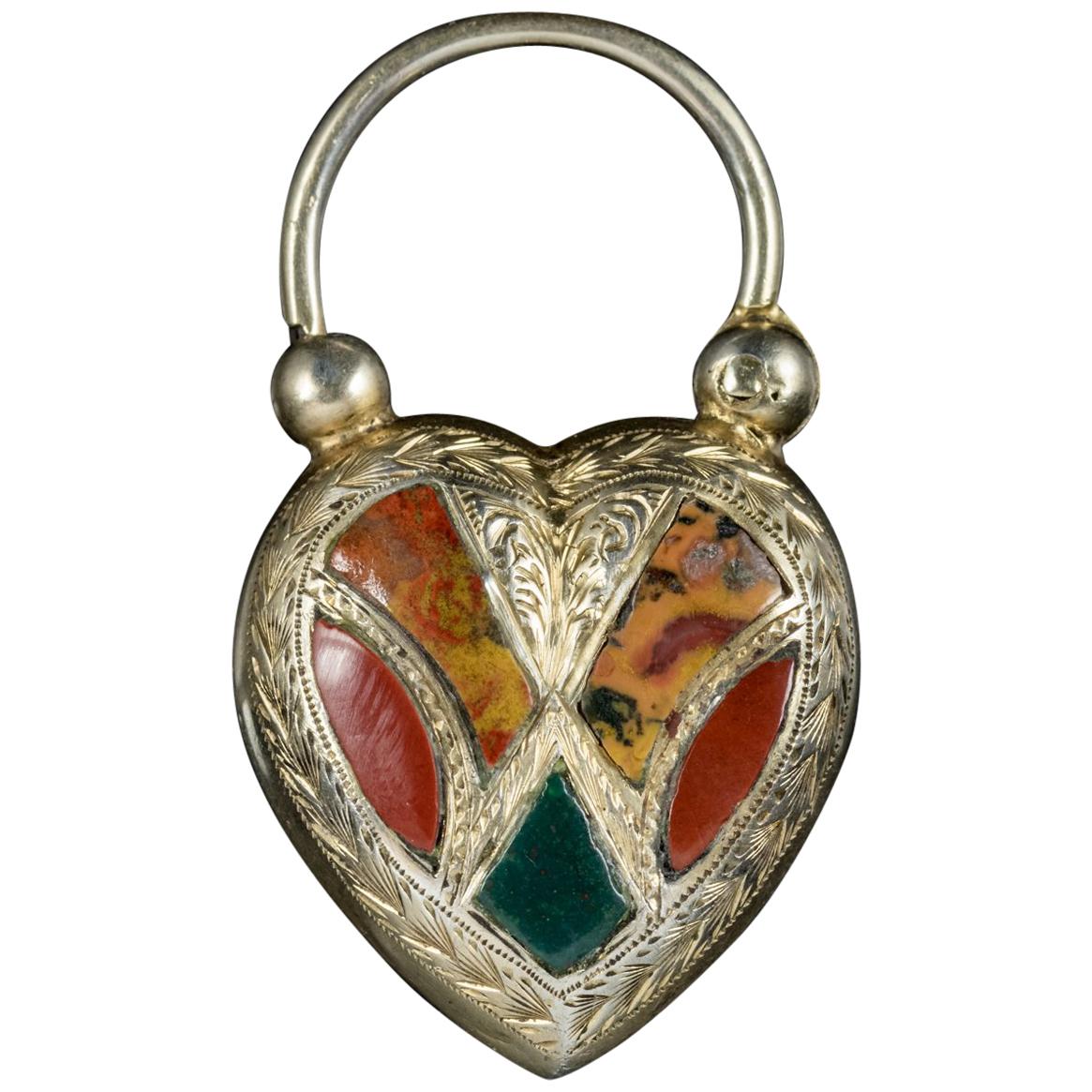 Antique Victorian Scottish Agate Heart Padlock Pendant, circa 1860