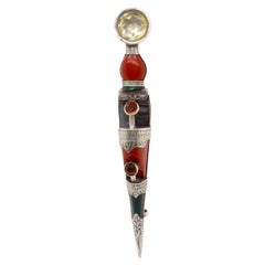 Antique Victorian Scottish Agate, Jasper, Paste Sterling Silver Dirk Kilt Brooch