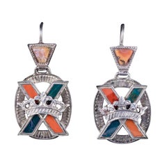 Antique Victorian Scottish Agate Saltire Cross Earrings Silver, circa 1860