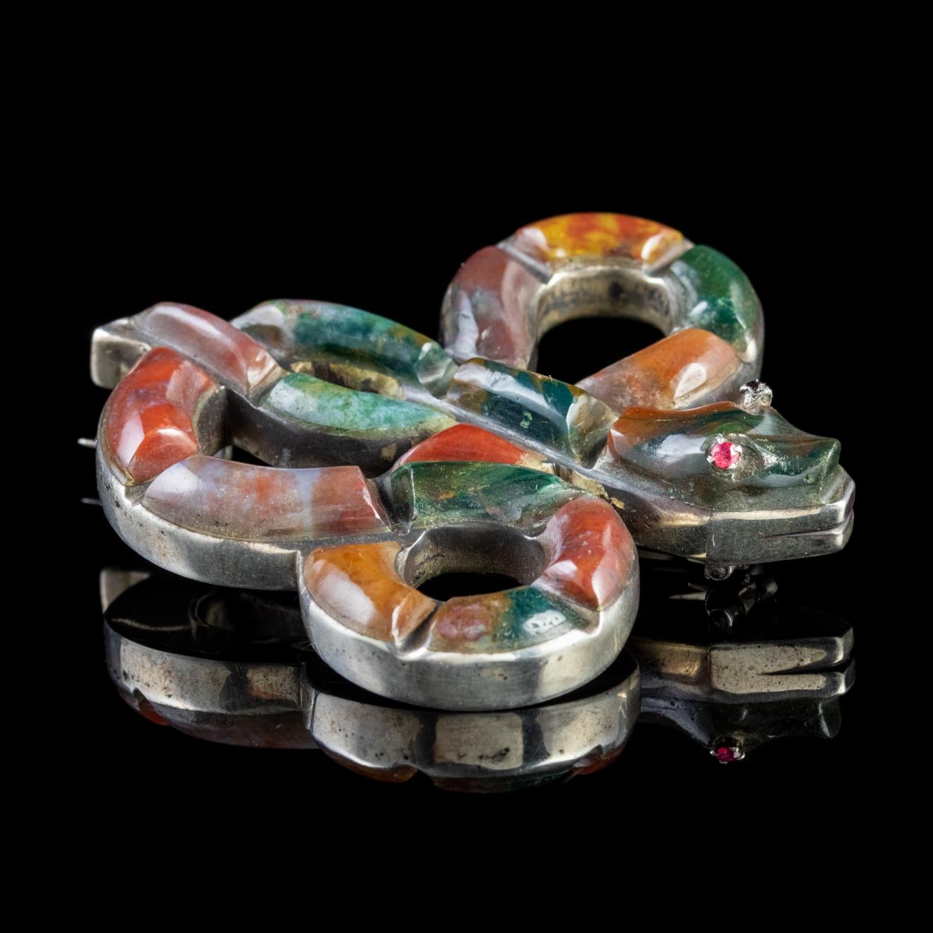 Antique Victorian Scottish Agate Snake Silver circa 1860 Brooch In Good Condition For Sale In Lancaster, Lancashire