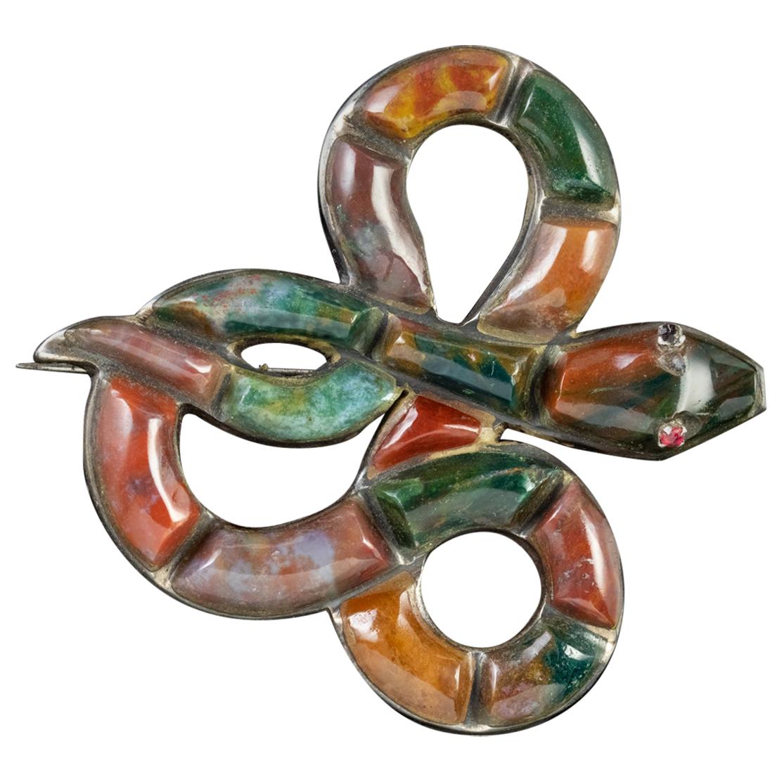 Antique Victorian Scottish Agate Snake Silver circa 1860 Brooch For Sale