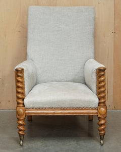 ANTiQUE VICTORIAN SCOTTISH BARLEY TWIST LIBRARY READING ARMCHAIR OATMEAL FABRIC