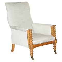 ANTiQUE VICTORIAN SCOTTISH BARLEY TWIST LIBRARY READING ARMCHAIR OATMEAL FABRIC