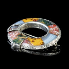 Antique Victorian Scottish Buckle Brooch Agate Silver, circa 1860