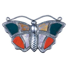 Antique Victorian Scottish Butterfly Brooch Agate Silver, circa 1860