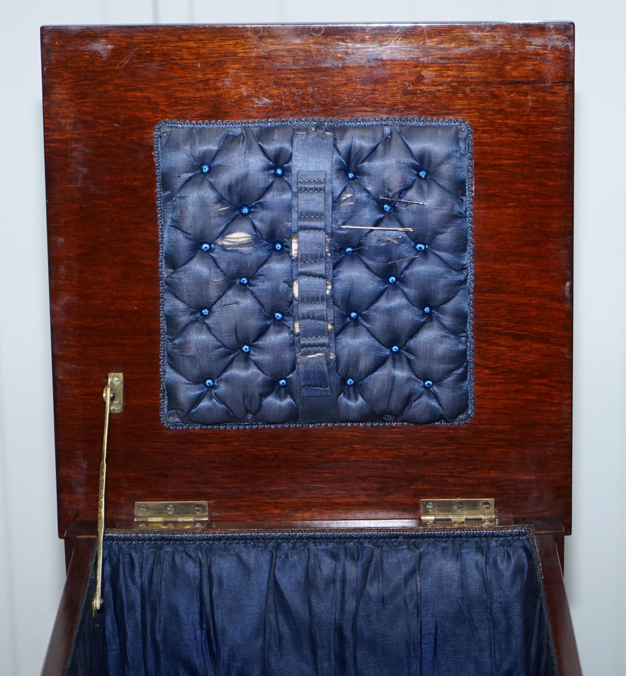 19th Century Antique Victorian Scottish Carved Mahogany Sewing Box Blue Silk Chesterfield