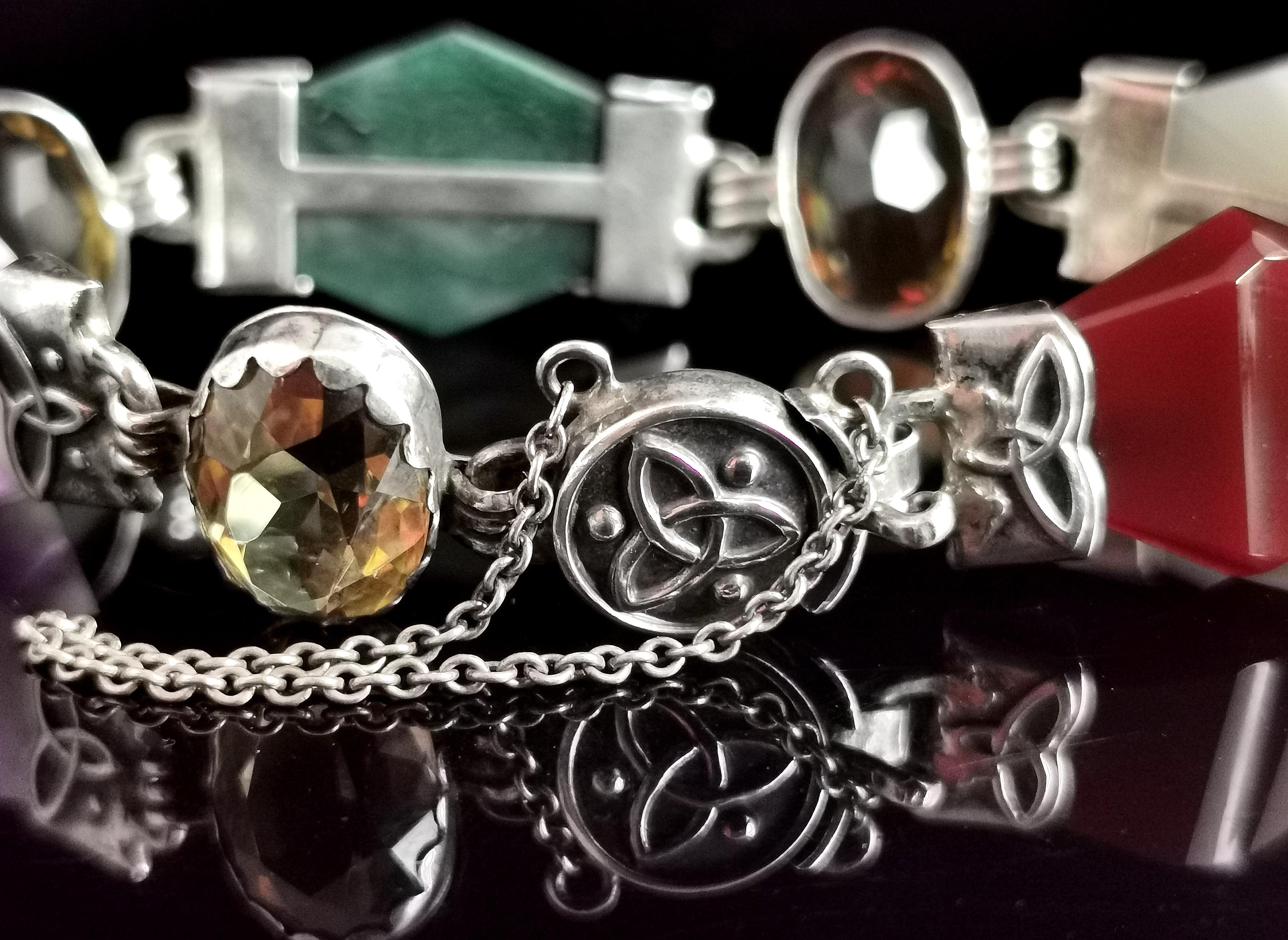 Oval Cut Antique Victorian Scottish Citrine and Agate Bracelet, Sterling Silver