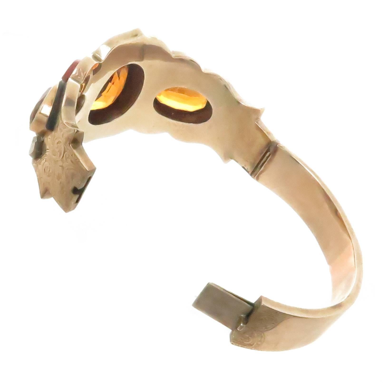 Antike viktorianische schottische Edelstein Stein Inlay Rose Gold Armreif Armband im Zustand „Hervorragend“ im Angebot in Chicago, IL