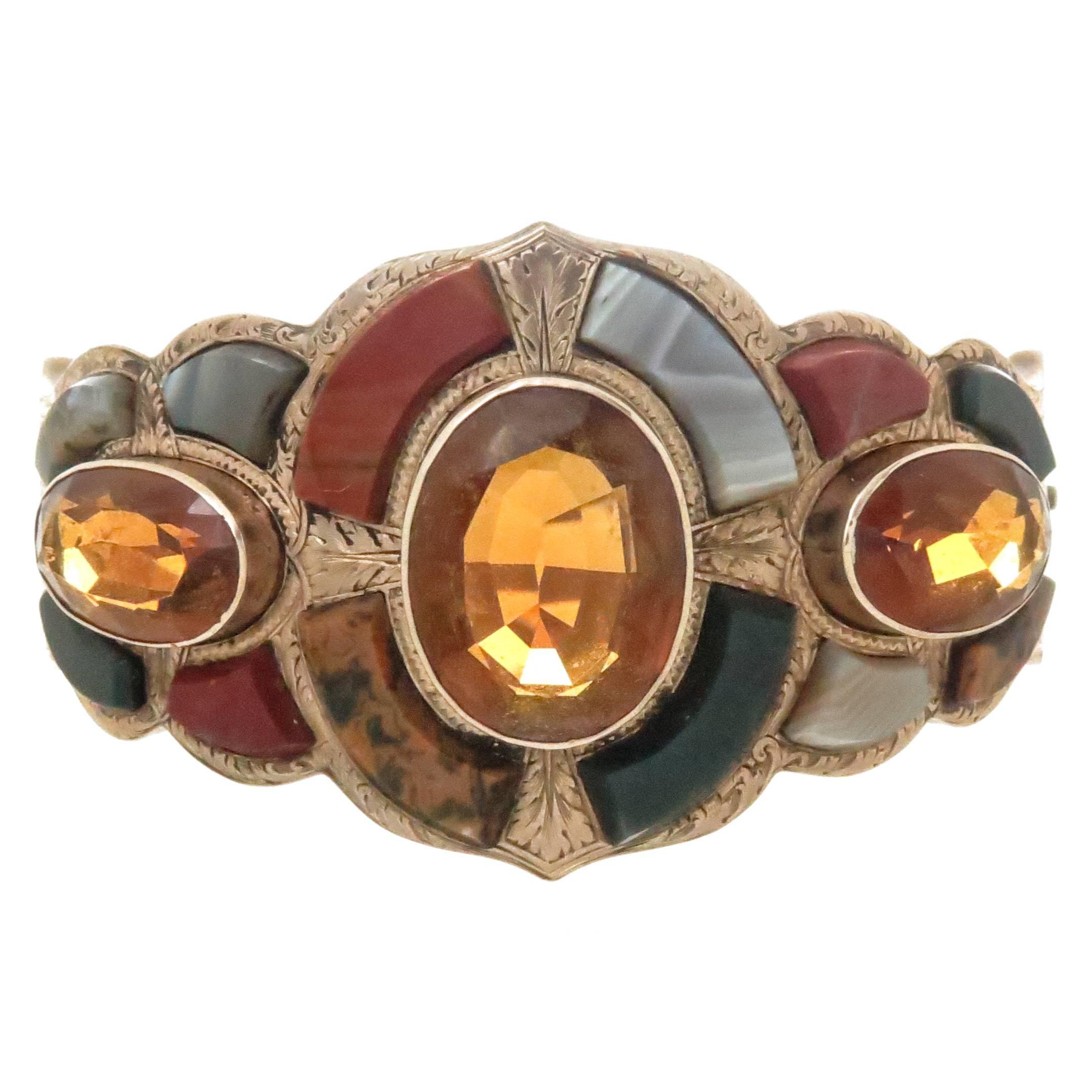 Antique Victorian Scottish Gem Stone Inlay Rose Gold Bangle Bracelet For Sale