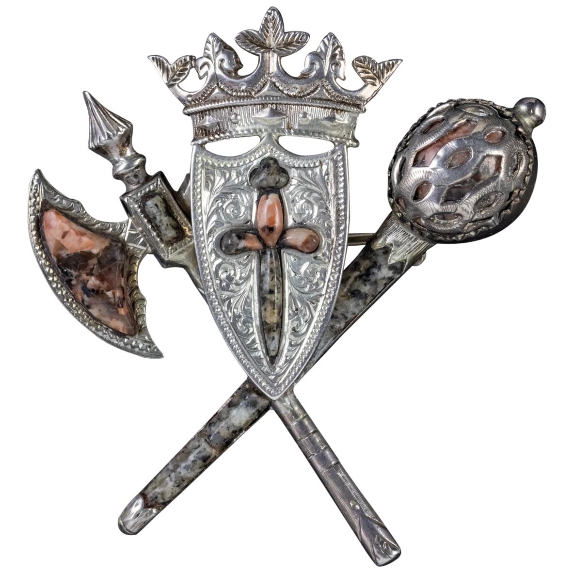 Antique Victorian Scottish Granite Brooch Silver Shield Sword Axe, circa 1860