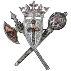Antique Victorian Scottish Granite Brooch Silver Shield Sword Axe, circa 1860