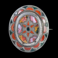 Antique Victorian Scottish Locket Brooch Agate Star Silver, circa 1860