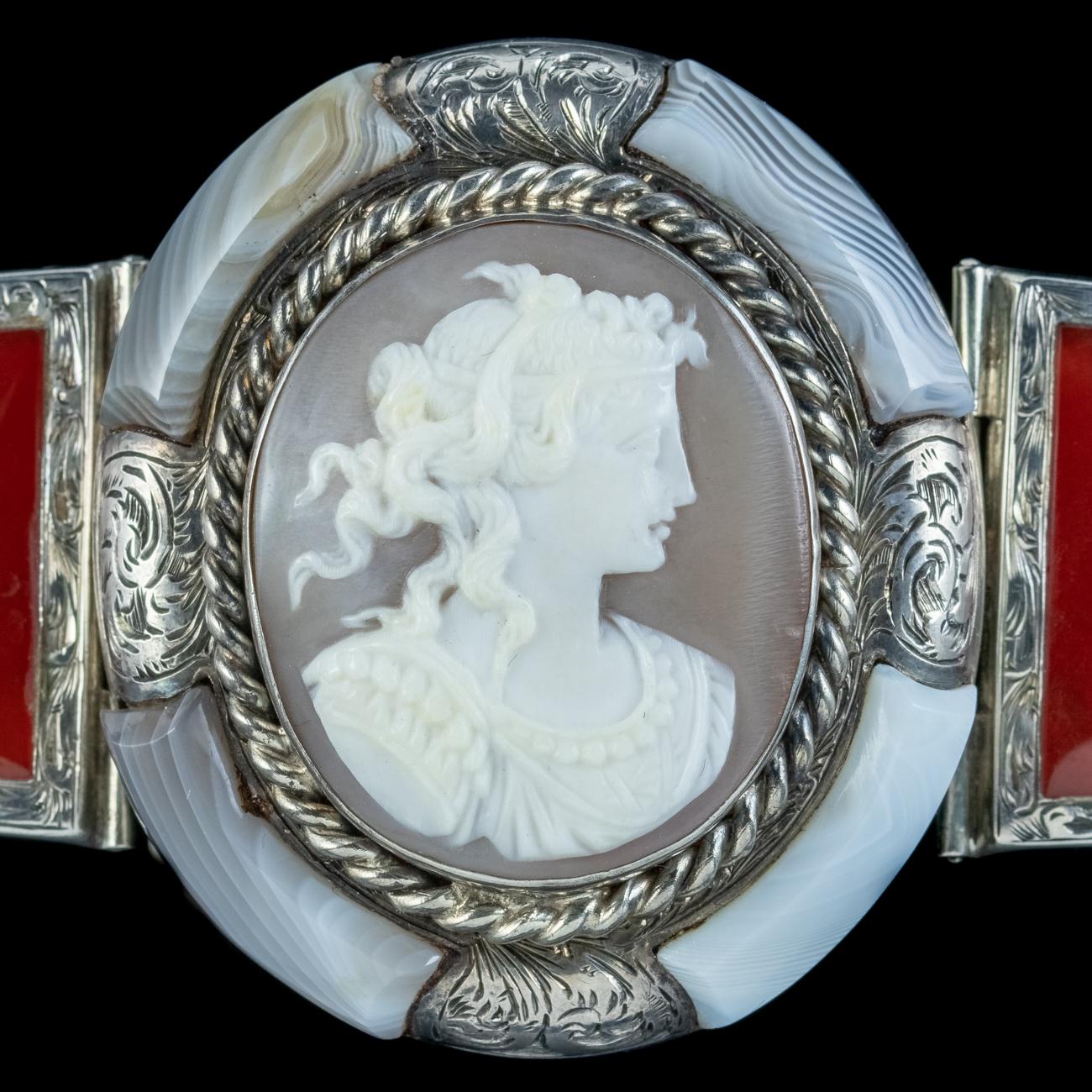 Antique Victorian Scottish Silver Agate Cameo Bracelet For Sale 2