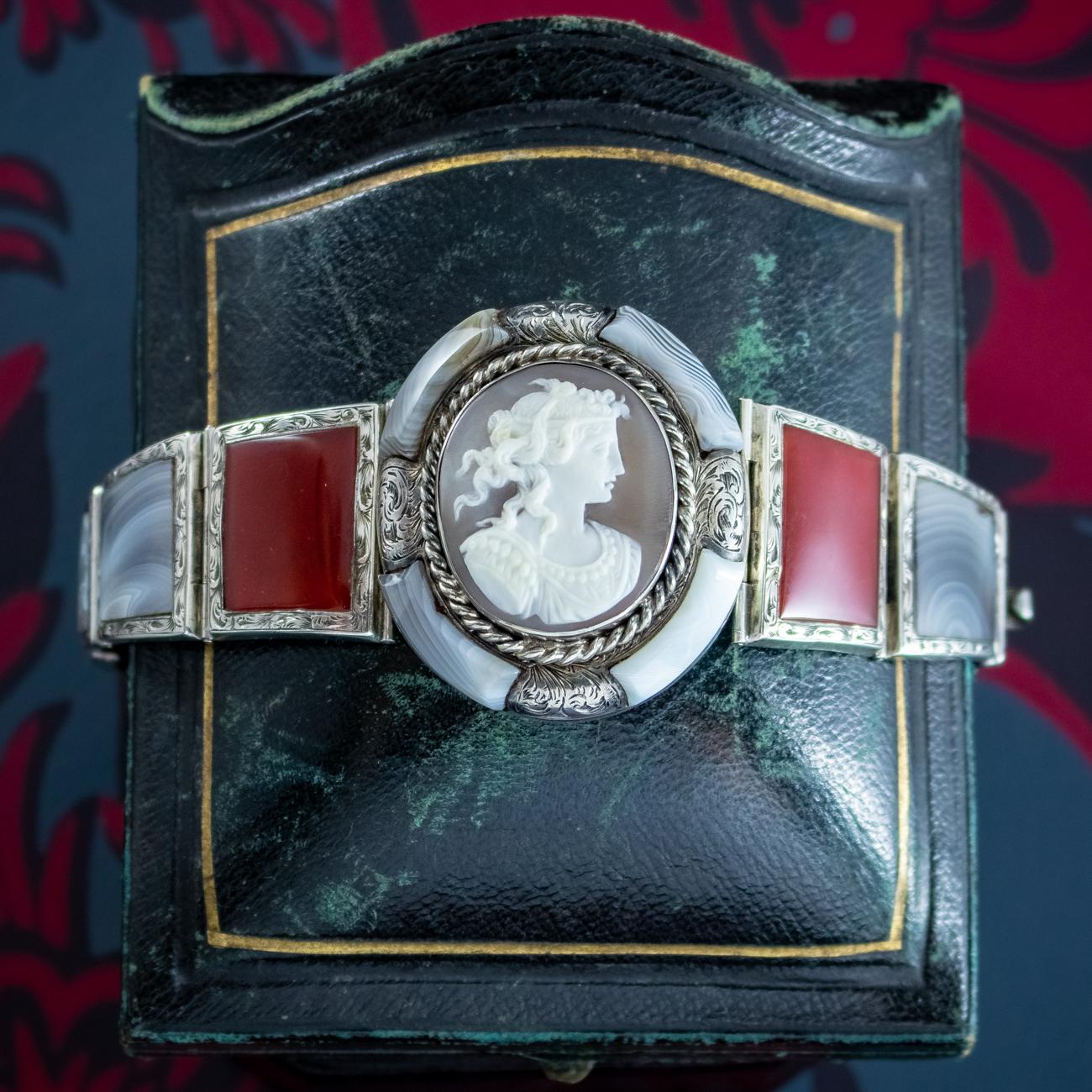 Antique Victorian Scottish Silver Agate Cameo Bracelet For Sale 4