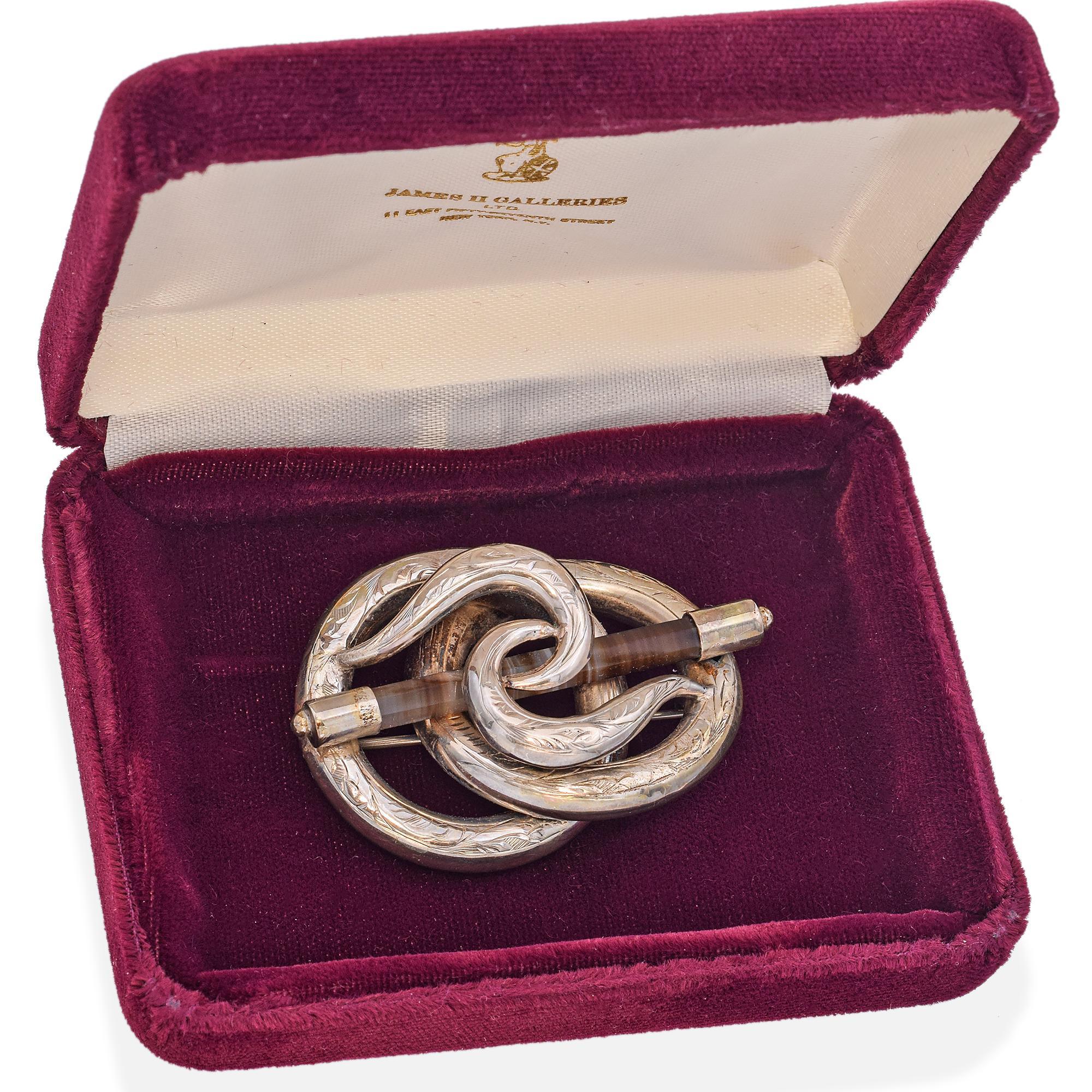 Hexagon Cut Antique Victorian Scottish Silver Agate Love Knot Brooch For Sale