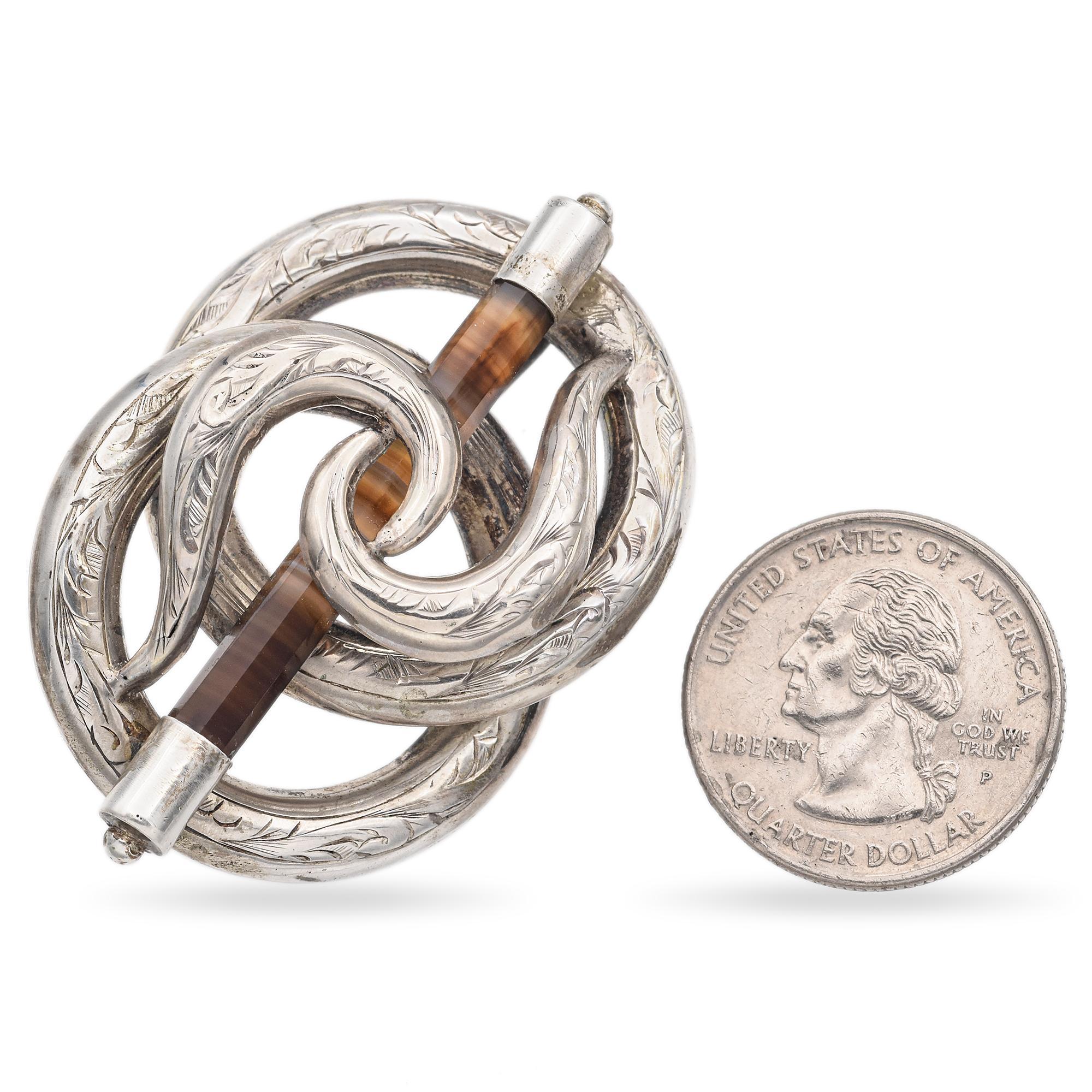 Antique Victorian Scottish Silver Agate Love Knot Brooch For Sale 1