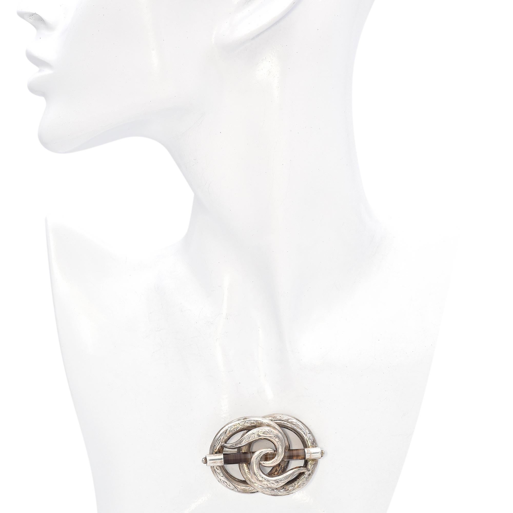 Antique Victorian Scottish Silver Agate Love Knot Brooch For Sale 2