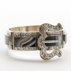Antique Victorian Scottish Silver and Banded Agate Buckle Bracelet, c1870-1880