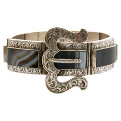 Antique Victorian Scottish Silver and Banded Agate Buckle Bracelet, c1870-1880