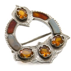 Antique Victorian Scottish Silver Cairngorm Citrine and Agate Brooch, 1870-1890