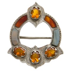 Antique Victorian Scottish Silver Cairngorm Citrine and Agate Brooch, 1870-1890