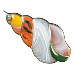 Antique Victorian Scottish Silver Shell Plaid Agate Brooch, circa 1860