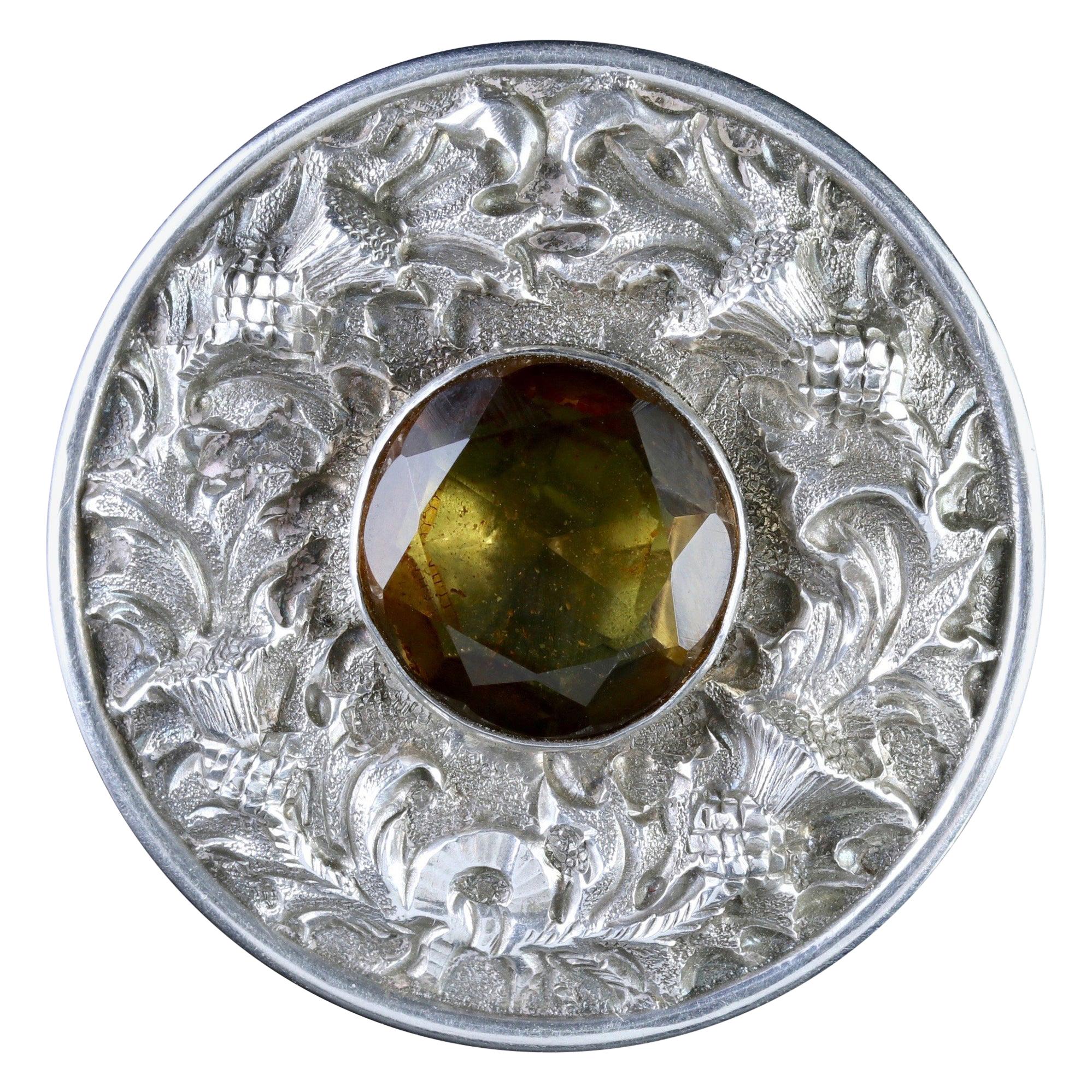 Antique Victorian Scottish Silver Thistle Citrine Brooch, circa 1890 For Sale