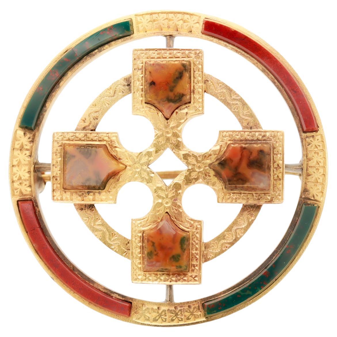 Antique Victorian Scottish Specimen Agate & Gold Brooch or Kilt Pin
