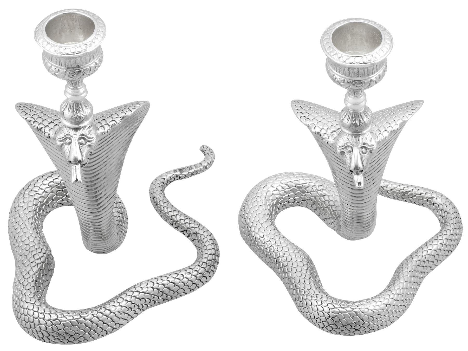 British Victorian Scottish Sterling Silver Snake Candle Holders For Sale