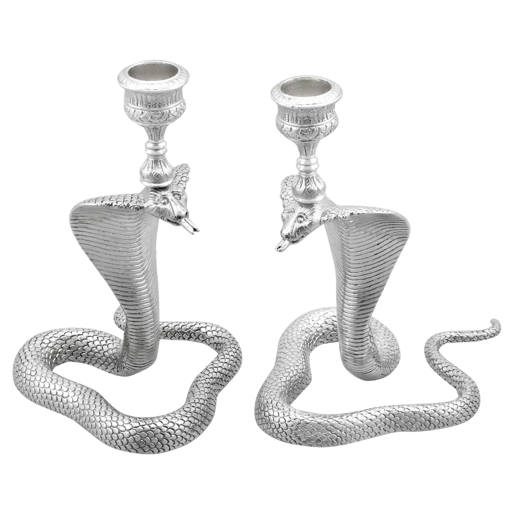 Victorian Scottish Sterling Silver Snake Candle Holders For Sale