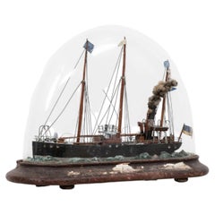 Antique Victorian Scratch Built Steam Boat Model Diorama Glass Dome, C.1890