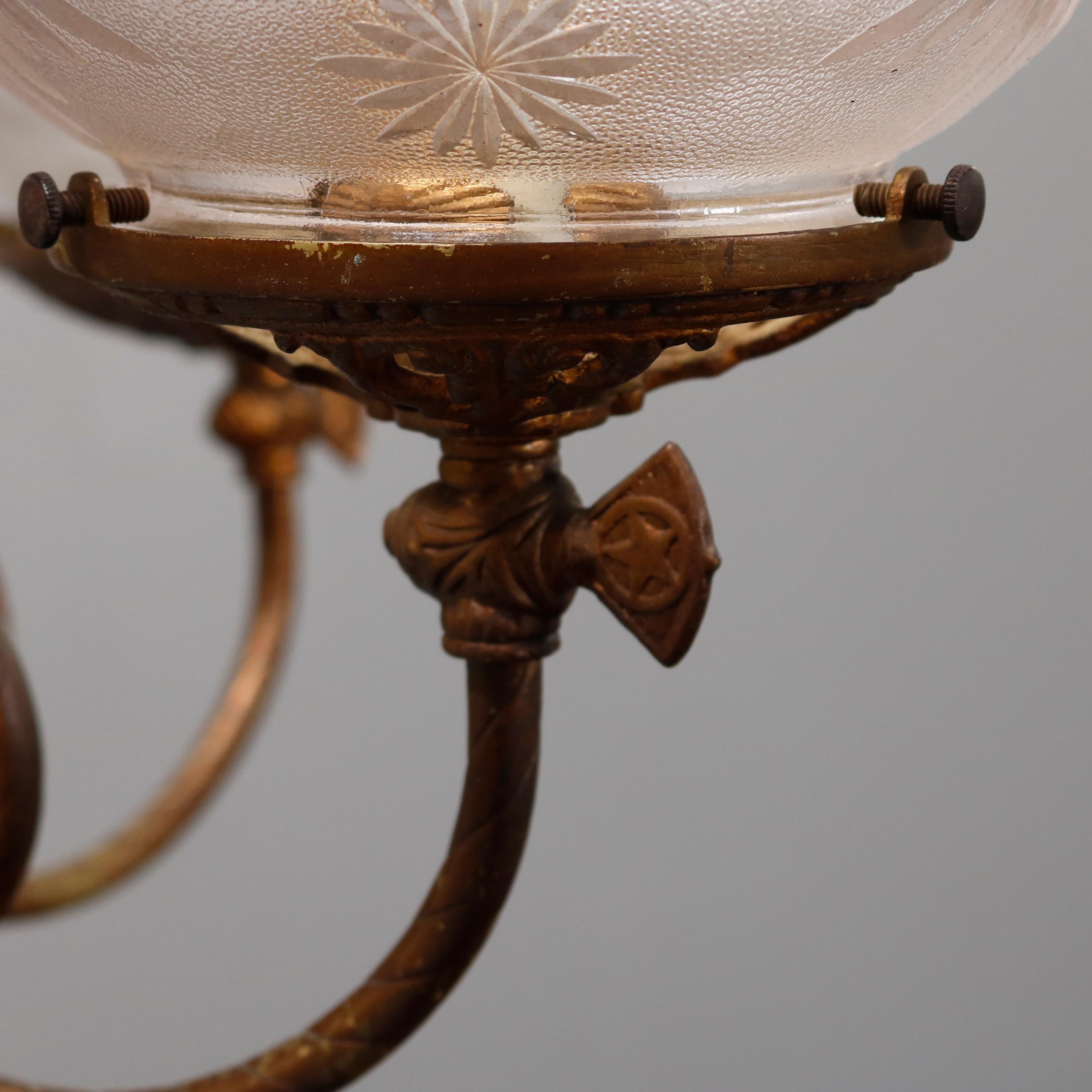 American Antique Victorian Scroll Arm Brass & Glass Electrified Gas Chandelier circa 1880