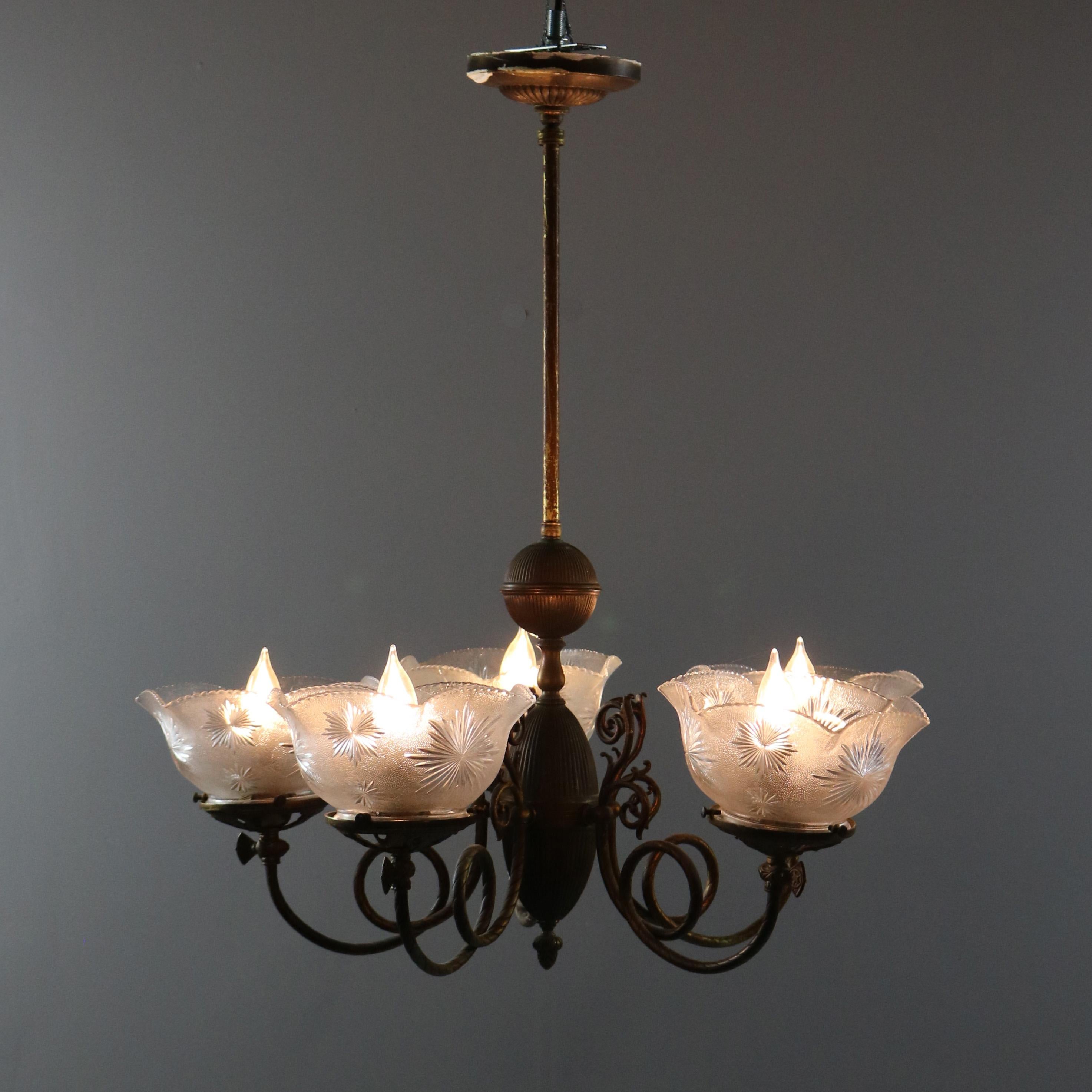 Antique Victorian Scroll Arm Brass & Glass Electrified Gas Chandelier circa 1880 In Good Condition In Big Flats, NY