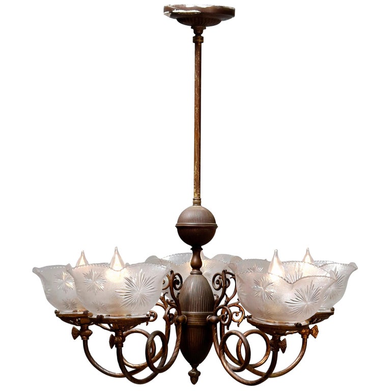 Antique Victorian Scroll Arm Brass and Glass Electrified Gas Chandelier  circa 1880 at 1stDibs