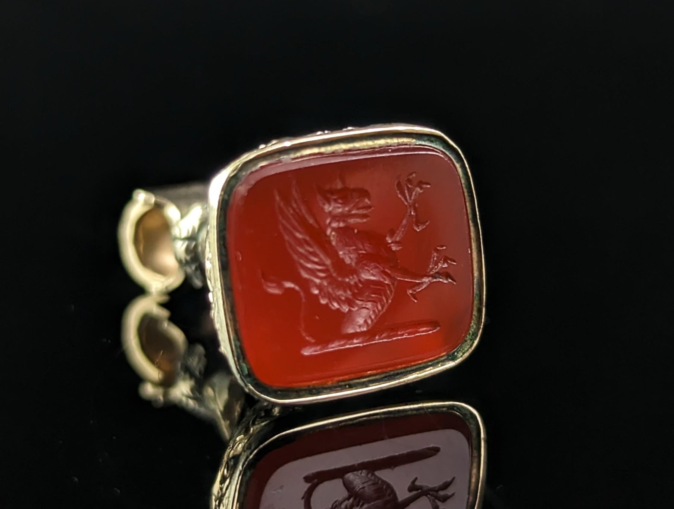 Square Cut Antique Victorian seal fob pendant, Carnelian, 9k gold, Griffin 