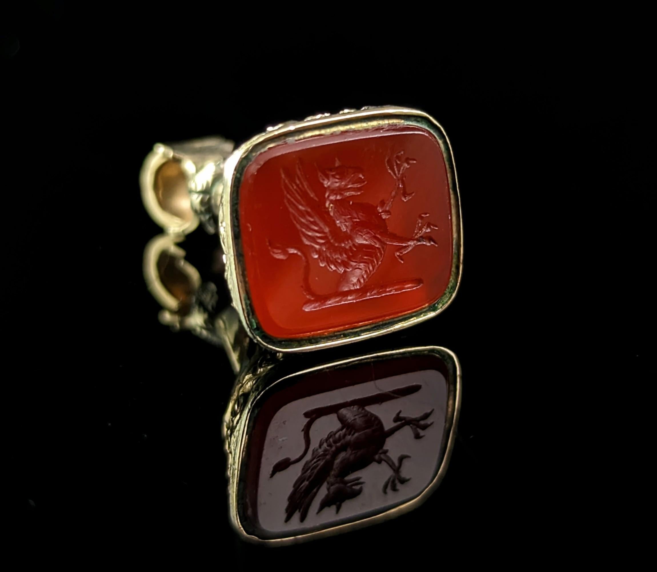 Women's or Men's Antique Victorian seal fob pendant, Carnelian, 9k gold, Griffin 
