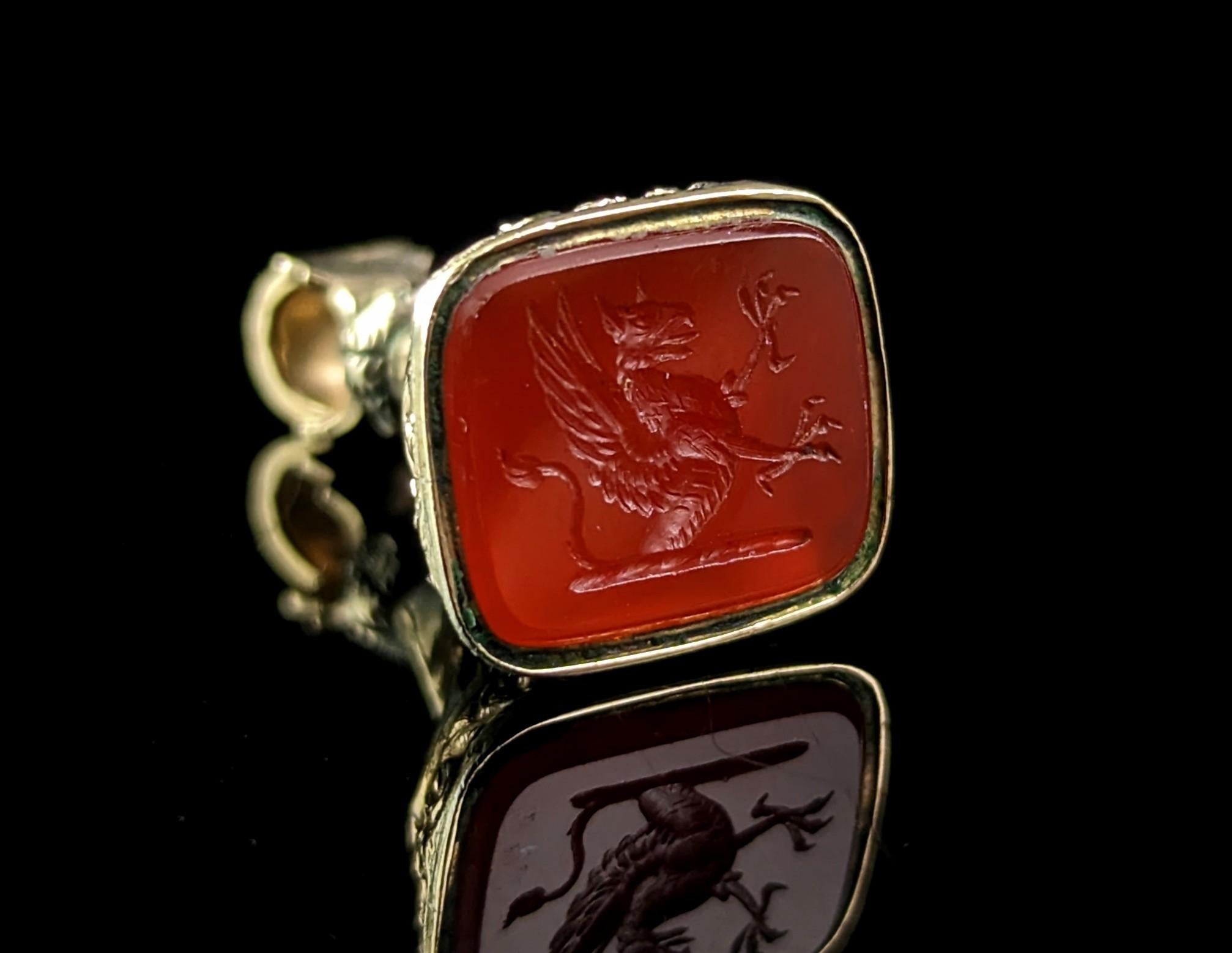 Antique Victorian seal fob pendant, Carnelian, 9k gold, Griffin  4