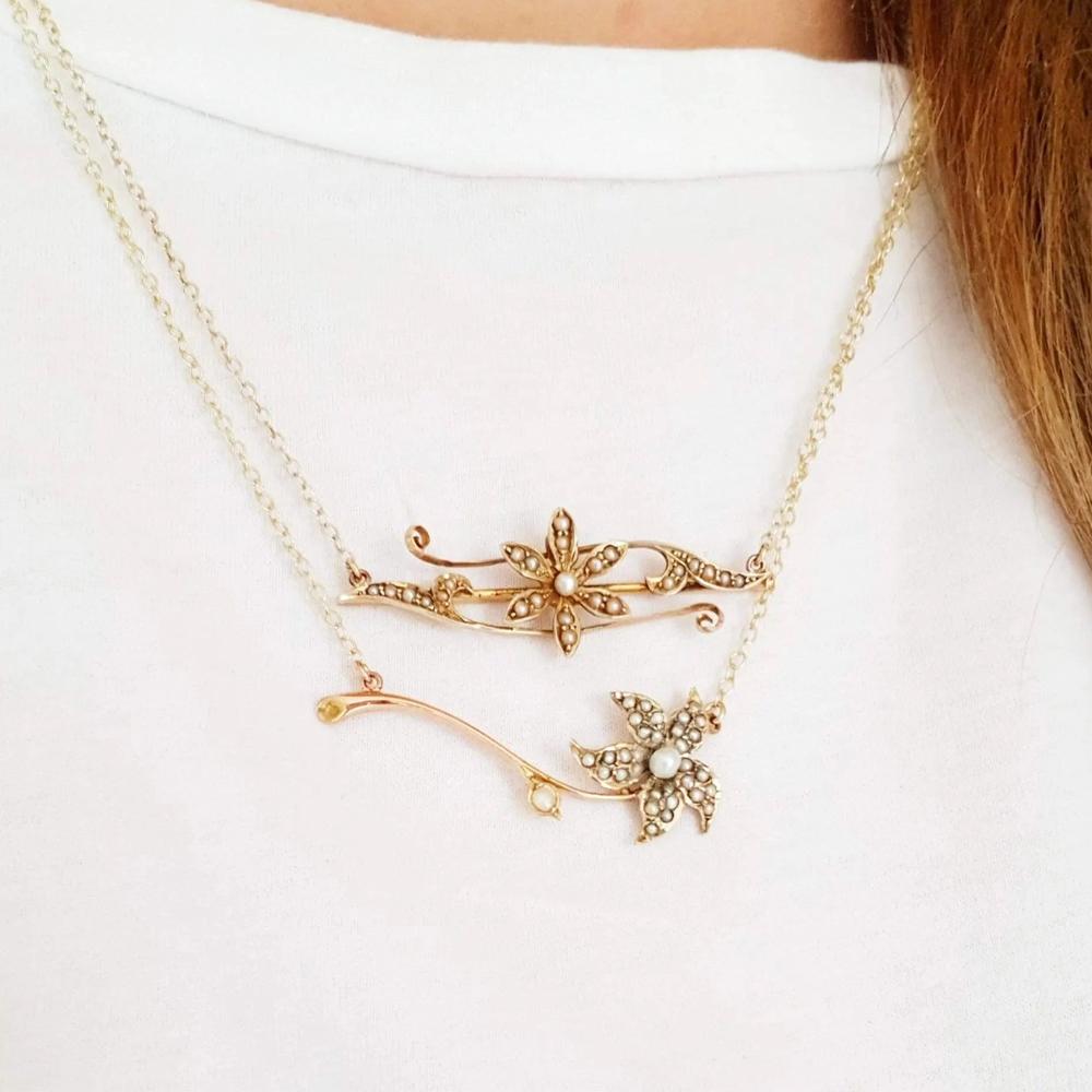 Victorien Collier à fleurs victorien ancien en or 15 carats et perles naturelles en vente