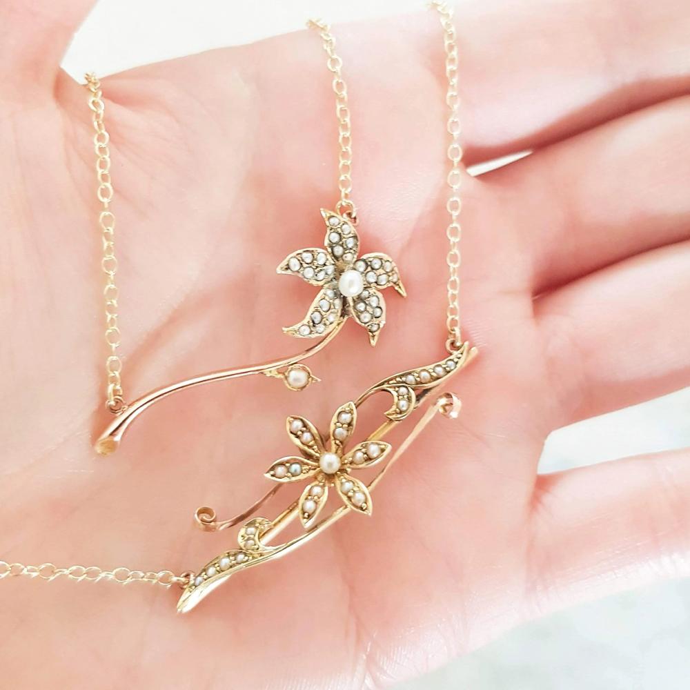 Taille ronde Collier à fleurs victorien ancien en or 15 carats et perles naturelles en vente
