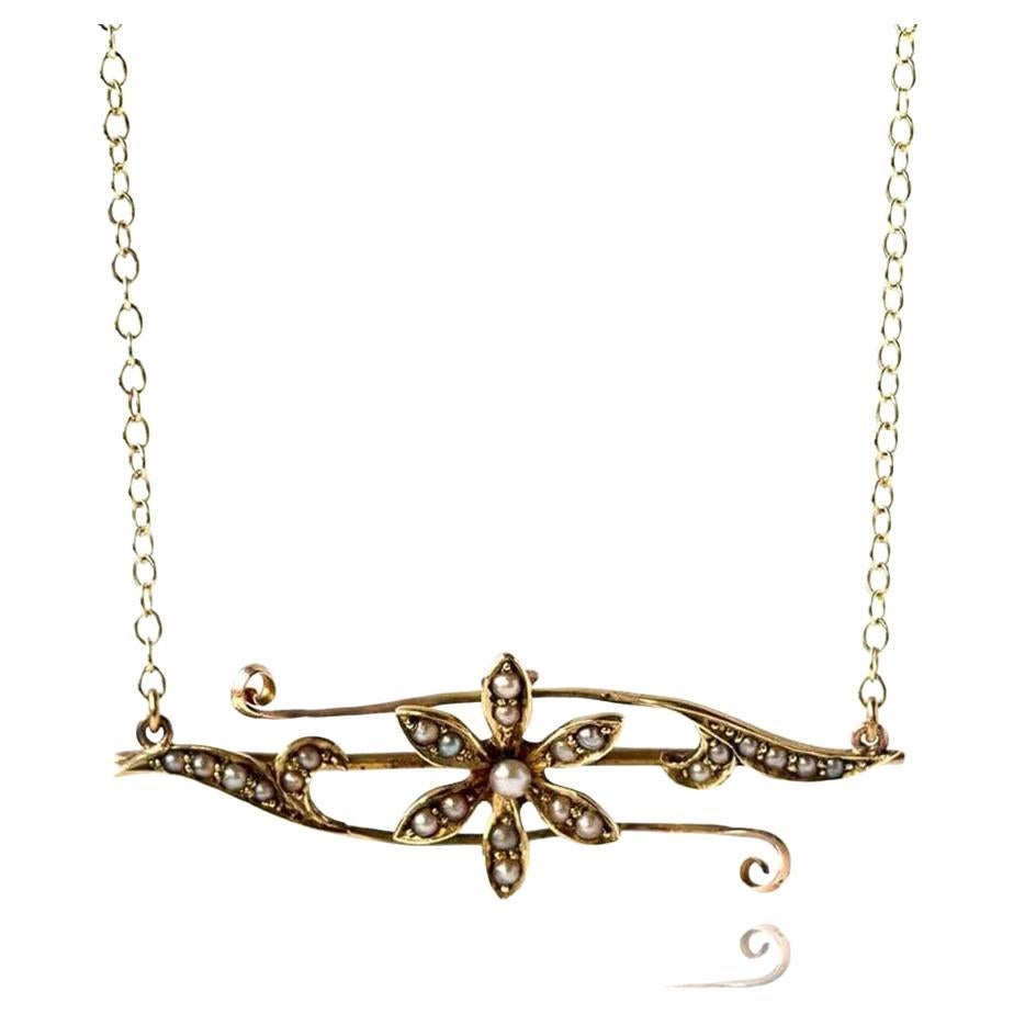Antique Victorian Seed Pearl 15ct Gold Flower Necklace