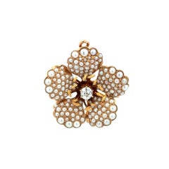 Antique Victorian Seed Pearl and Diamond 5 Petal Flower Gold Brooch Pin Pendant